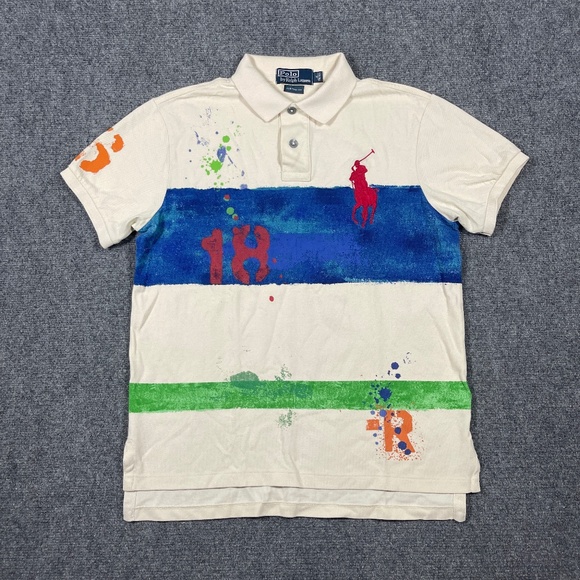 Ralph Lauren Polo Custom Fit Shirt Medium Ivory Paint Splatter Big Pony 0649 - Picture 1 of 7